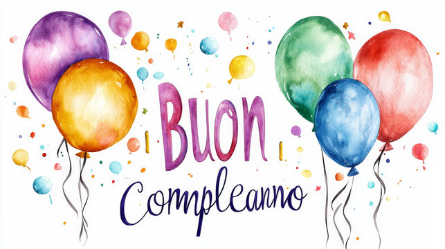 Happy Birthday illustration card written in Italian language Buon Compleanno in watercolor style with festive balloons on white background