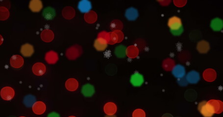 Image of snow falling and christmas fairy lights flickering over black background