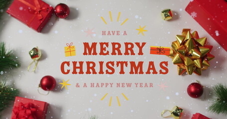Image of season's greetings text over christmas decorations