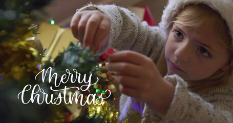 Image of season's greetings text over caucasian girl and christmas tree © vectorfusionart