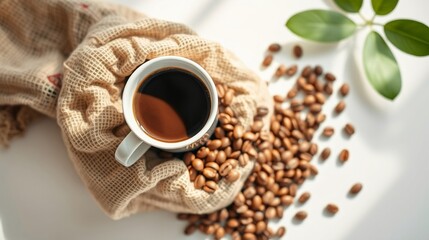 Obraz premium Freshly Brewed Coffee in a White Mug Surrounded by Coffee Beans and Natural Textiles