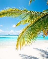 Fototapeta premium Tropical Paradise with Palm Tree Fronds Overlooking Serene Beach and Crystal Clear Water