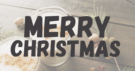 Image of christmas greetings text over milk and christmas decorations