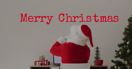 Image of christmas greetings text over santa claus and christmas decorations © vectorfusionart