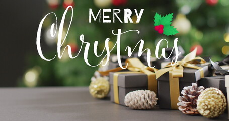 Image of christmas greetings text over christmas presents and decorations © vectorfusionart