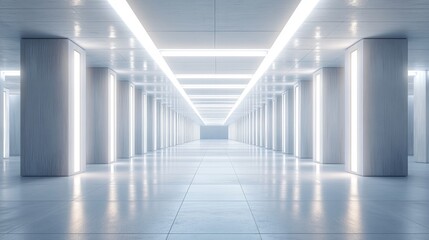 Bright, modern hallway with sleek columns and reflective floor.