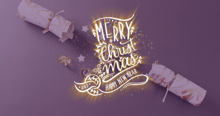 Image of christmas greetings text over christmas cracker decorations © vectorfusionart