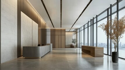 Modern minimalist office lobby with city view.