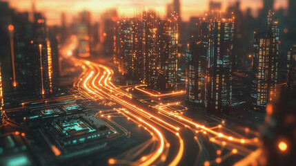 Obraz premium Smart Innovation city with connection cyber security network reciprocity over the sunset cityscape future wireless digital city and social media networking systems that connects people in the city