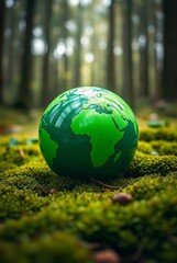 Green Globe on Mossy Forest Floor, Symbolizing Environmental Awareness and Sustainability