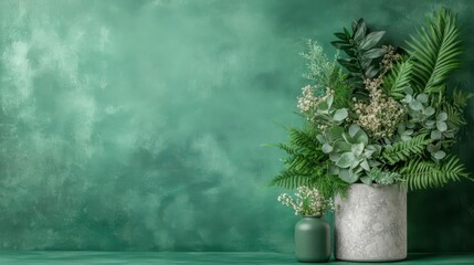 Fototapeta premium Lush Greenery in Elegant Pots Against a Deep Green Wall