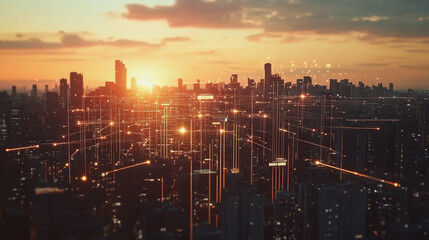 Obraz premium Smart Innovation city with connection cyber security network reciprocity over the sunset cityscape future wireless digital city and social media networking systems that connects people in the city