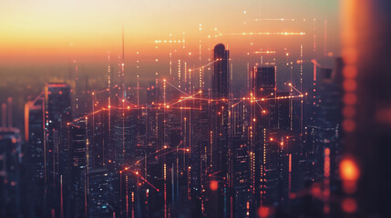 Fototapeta premium Smart Innovation city with connection cyber security network reciprocity over the sunset cityscape future wireless digital city and social media networking systems that connects people in the city