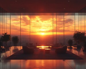 Sunset view from luxury penthouse living room.