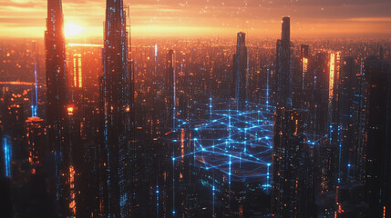 Smart Innovation city with connection cyber security network reciprocity over the sunset cityscape future wireless digital city and social media networking systems that connects people in the city