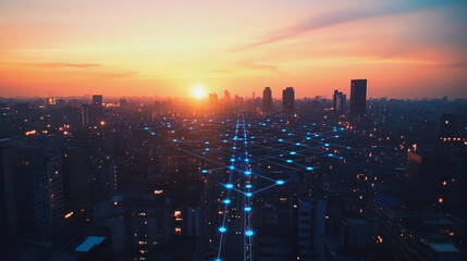 Obraz premium Smart Innovation city with connection cyber security network reciprocity over the sunset cityscape future wireless digital city and social media networking systems that connects people in the city