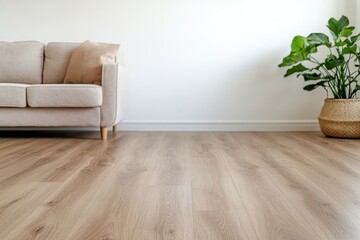 Flooring vinyl maintenance concept. Cozy living room featuring a light sofa, natural wood flooring, and a decorative plant in a woven basket.