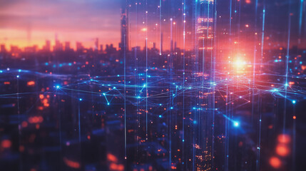 Smart Innovation city with connection cyber security network reciprocity over the sunset cityscape future wireless digital city and social media networking systems that connects people in the city