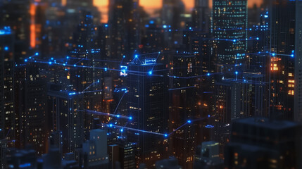 Fototapeta premium Smart Innovation city with connection cyber security network reciprocity over the sunset cityscape future wireless digital city and social media networking systems that connects people in the city