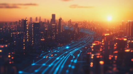 Fototapeta premium Smart Innovation city with connection cyber security network reciprocity over the sunset cityscape future wireless digital city and social media networking systems that connects people in the city