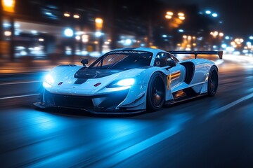 White sports car speeding at night.