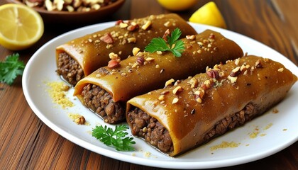 Delicious Presentation of Golden Bulgur Shells with Nuts and Lemon Garnish on Wooden Table