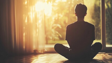 Mindfulness Breathing Exercises in Sunlit Living Room