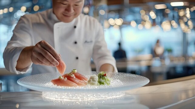 Culinary artistry sushi preparation modern restaurant food presentation contemporary setting close-up view gastronomic excellence