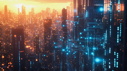 Fototapeta premium Smart Innovation city with connection cyber security network reciprocity over the sunset cityscape future wireless digital city and social media networking systems that connects people in the city