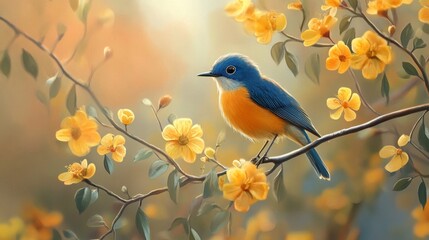 Obraz premium Blue and Yellow Bird Perched on a Branch of Yellow Flowers