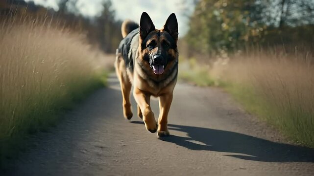 German dog Shepherd walking captured video during peaceful outdoor stroll symbolizing calm serenity nature clear blue sky backdrop
