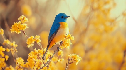 Fototapeta premium Blue and Yellow Bird Perched on a Branch of Yellow Flowers