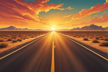 A vast, open highway stretching into the horizon under a golden sunset, surrounded by barren desert landscapes, with warm lighting and dramatic clouds,