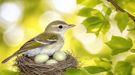 A bird sits beside its eggs in a nest surrounded by green leaves and soft bokeh background.