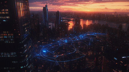 Fototapeta premium Smart digital Innovation city with connection network reciprocity over the cityscape. of future smart wireless digital city and social media networking systems that connects people with in city