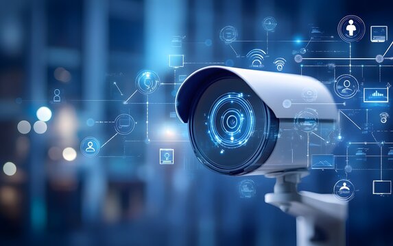 Surveillance camera with digital security network icons in futuristic cityscape