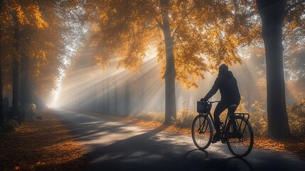 Obraz premium Cyclist on autumn road, sun rays, fog, trees