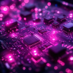 Obraz premium Close-up of Illuminated Circuit Board with Pink Glowing Components