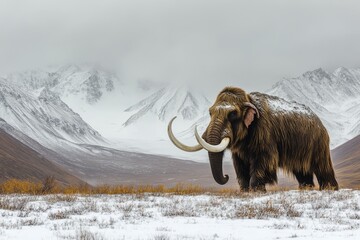 Woolly mammoth standing in snowy mountains. Ideal for prehistoric, extinction, and wildlife projects.