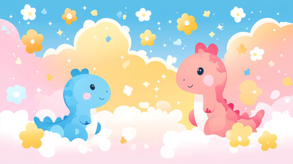adorable pastel cartoon dinosaurs with cloud and flower background in kawaii art style