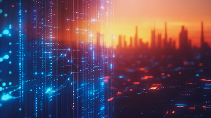 Fototapeta premium Smart digital Innovation city with connection network reciprocity over the cityscape. of future smart wireless digital city and social media networking systems that connects people with in city