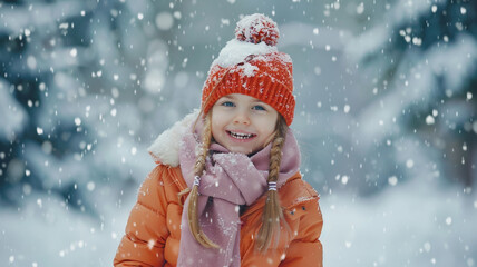 Adorable young girl having fun with falling snowflakes on a beautiful winter day.