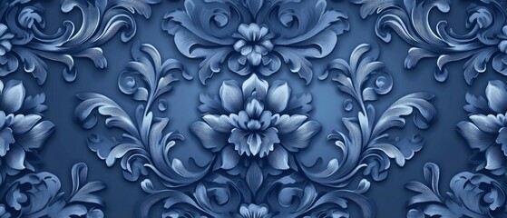 Blue victorian vintage wallpaper design with texture. Retro seamless pattern with floral damask elements