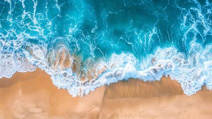 Aerial view of sandy beach and ocean with waves