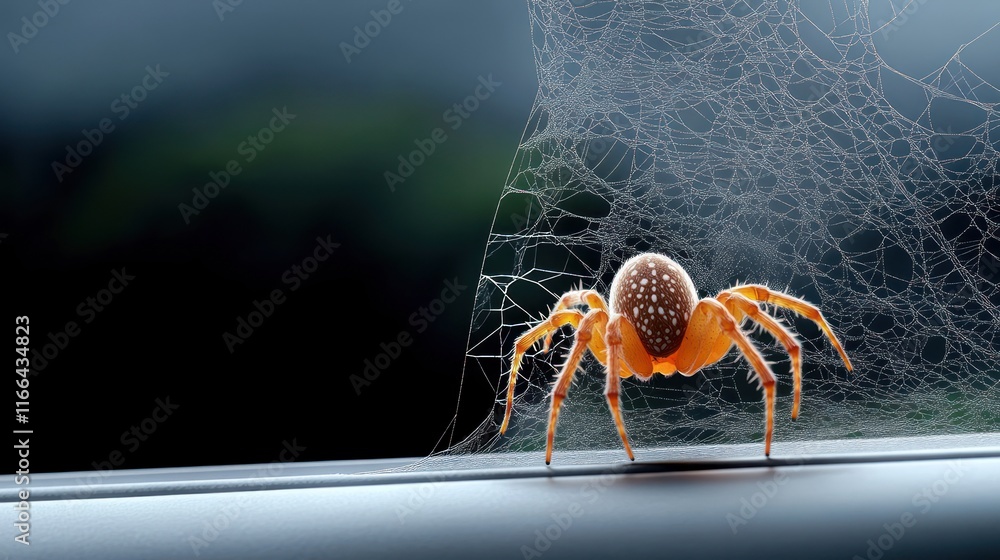 Poster a close-up of a spider on a web in a dimly lit environment.