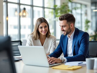 Obraz premium Two Business Professionals Collaborating on Financial Analysis in Modern Office Environment