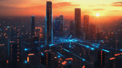 Fototapeta premium Smart Innovation city with connection cyber security network reciprocity over the sunset cityscape future wireless digital city and social media networking systems that connects people in the city