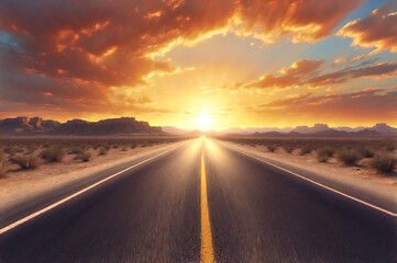 Naklejka premium A vast, open highway stretching into the horizon under a golden sunset, surrounded by barren desert landscapes, with warm lighting and dramatic clouds,