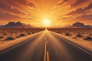 A vast, open highway stretching into the horizon under a golden sunset, surrounded by barren desert landscapes, with warm lighting and dramatic clouds,