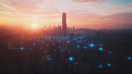 Naklejka premium Smart Innovation city with connection cyber security network reciprocity over the sunset cityscape future wireless digital city and social media networking systems that connects people in the city
